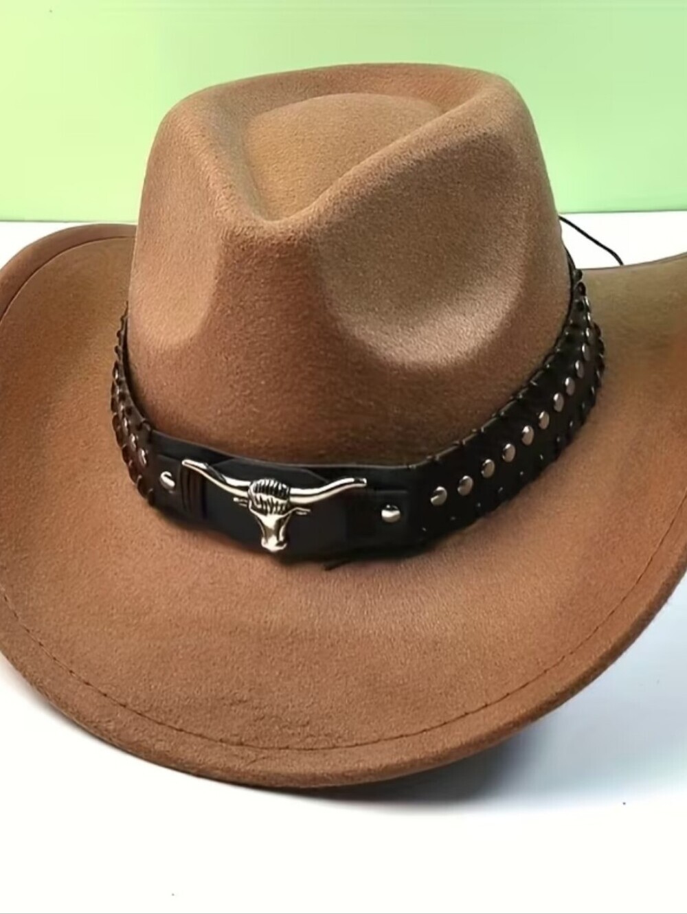 Classic Brown Felt Cowboy Hat with Studded Detachable Faux Leather Band